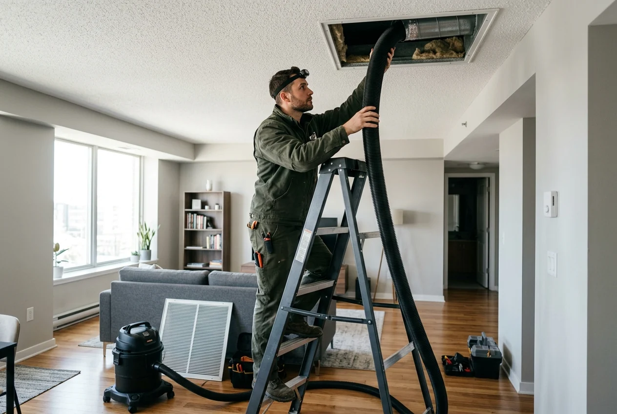 Technician on a ladder removing a ceiling air conditioning vent grille for duct cleaning