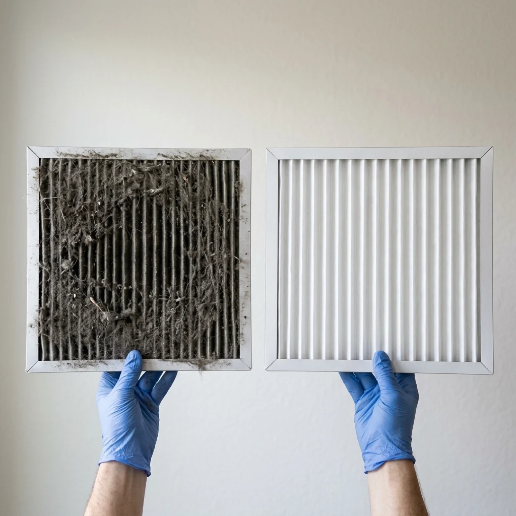 Side by side comparison of a dust clogged air conditioner filter and a clean white one