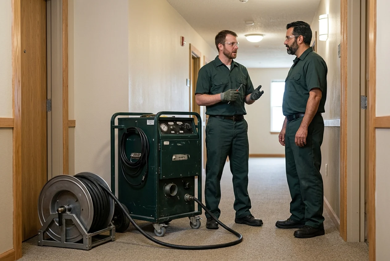 Team of uniformed cleaning technicians with equipment in a bright Dubai apartment