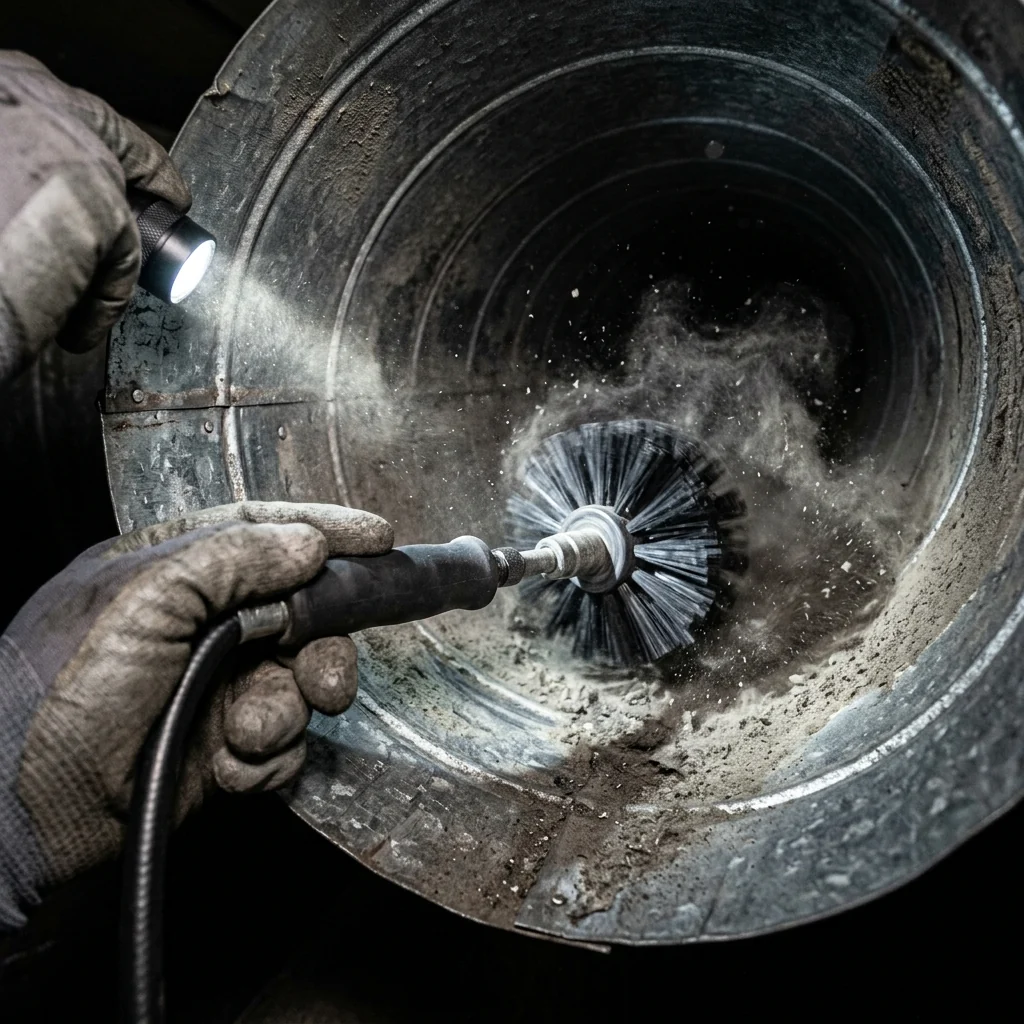 Rotary brush tool cleaning the inside of a metal air duct with dust lifting