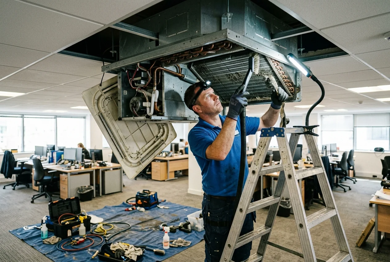 Two technicians servicing a ceiling mounted split air conditioning unit